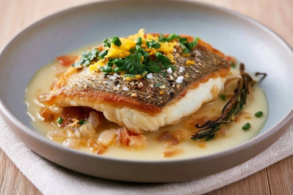 Filet de loup à la peau dorée dans une sauce au beurre citronné avec herbes fraîches et échalotes