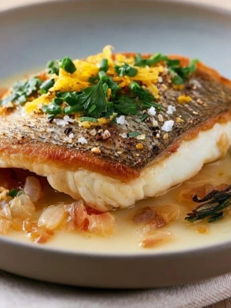 Filet de loup à la peau dorée dans une sauce au beurre citronné avec herbes fraîches et échalotes