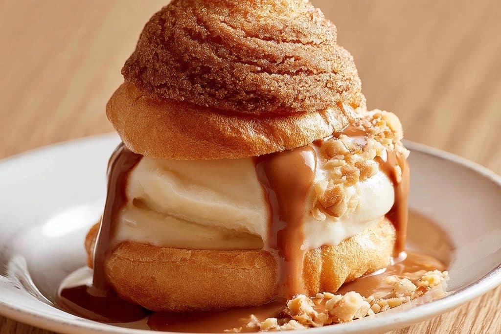 Profiterole à la glace vanille sous une coque croustillante nappée de sauce pralinée aux noisettes sur assiette blanche