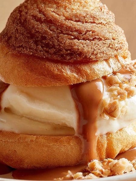 Profiterole à la glace vanille sous une coque croustillante nappée de sauce pralinée aux noisettes sur assiette blanche