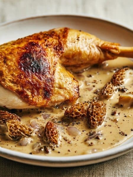 Suprême de volaille doré à la peau croustillante servi dans une sauce crémeuse aux morilles sur assiette blanche