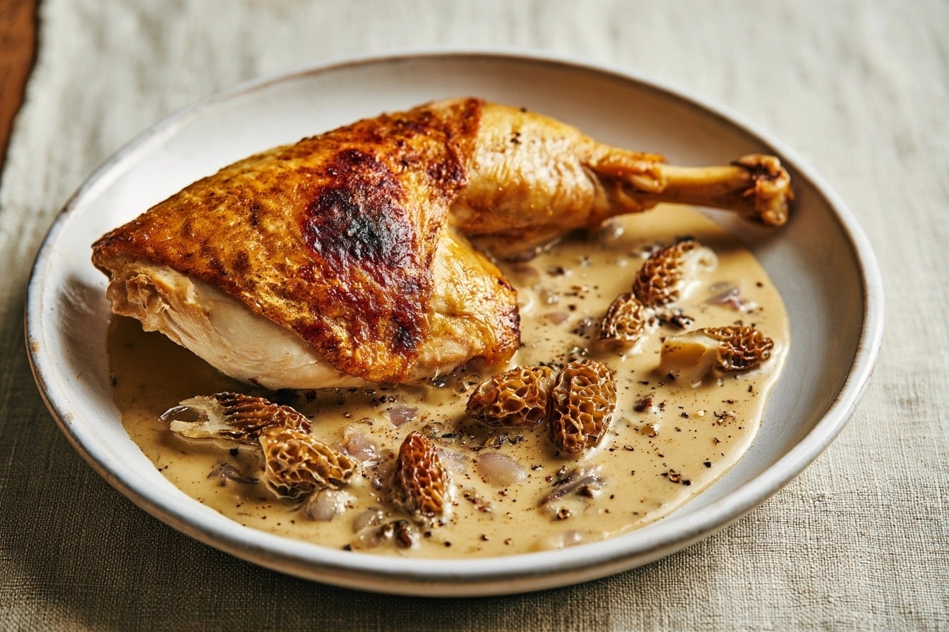 Suprême de volaille doré à la peau croustillante servi dans une sauce crémeuse aux morilles sur assiette blanche